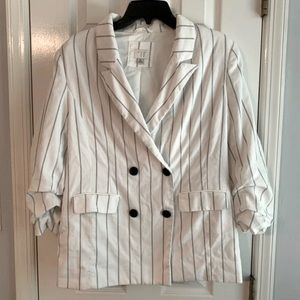 White with black pinstripe rouched sleeves double breasted blazer 10